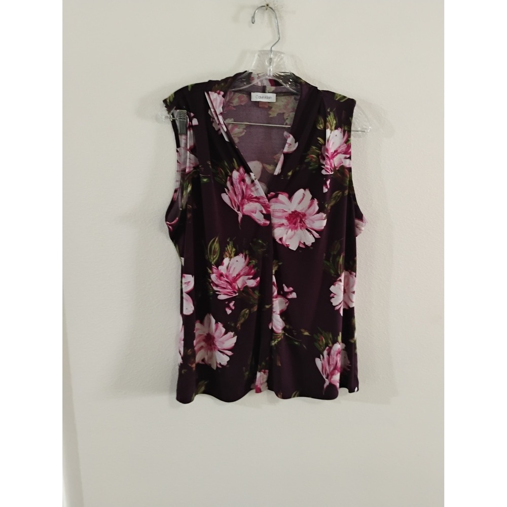 Calvin Klein Womens Large Plum Floral Draped V-Neck Sleeveless Blouse Top